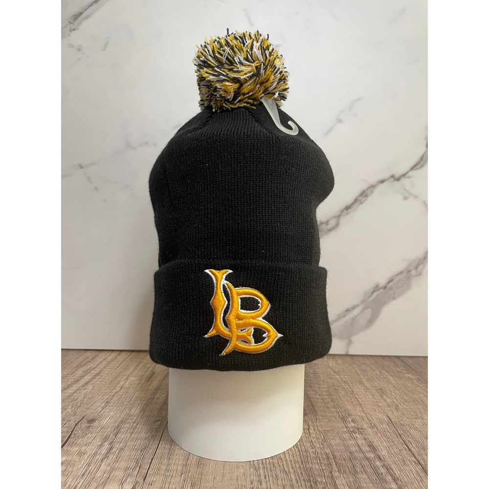 LB Beanie Pom Pom Knit Hat Black and Gold Embroidered Logo Winter Cap